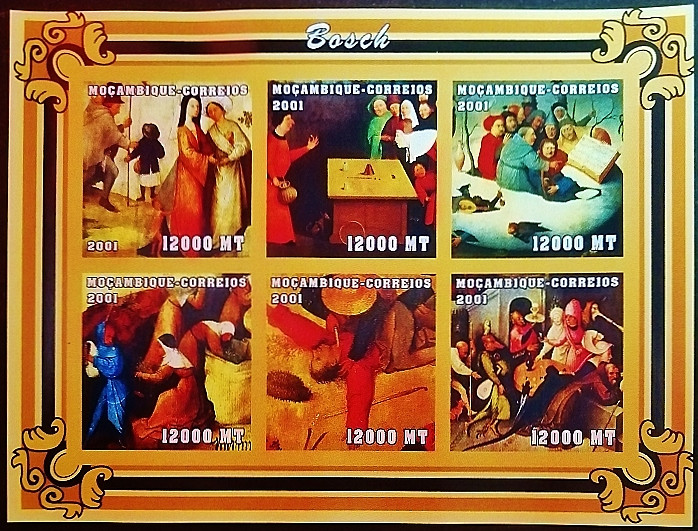 Блок марок (6 шт.). "Картины Иеронима Босха". 2001 год, Мозамбик.