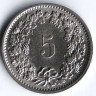 Монета 5 раппенов. 1969 год, Швейцария.