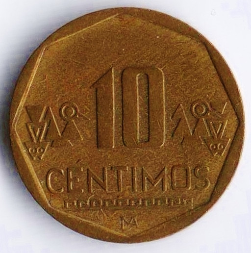 Монета 10 сентимо. 2008 год, Перу.