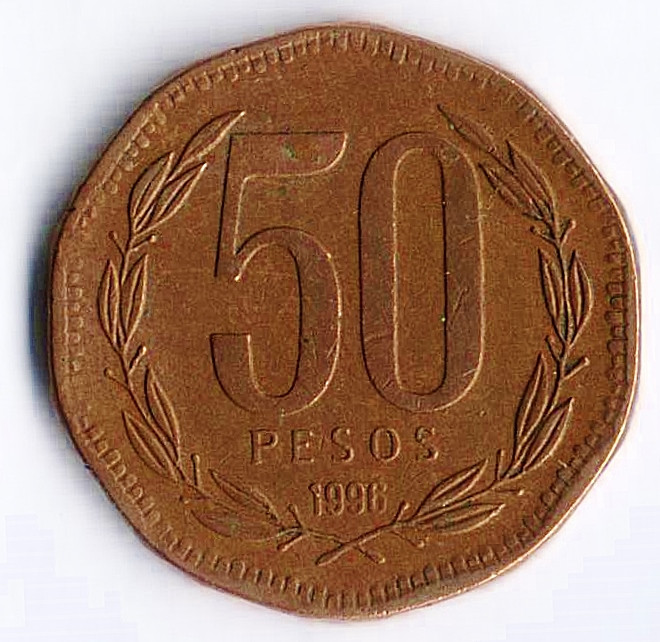 Монета 50 песо. 1996 год, Чили.