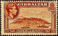 Почтовая марка (1 p.). "Король Георг VI и виды Гибралтара". 1938 год, Гибралтар.