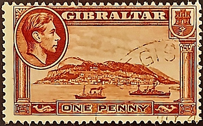 Почтовая марка (1 p.). "Король Георг VI и виды Гибралтара". 1938 год, Гибралтар.