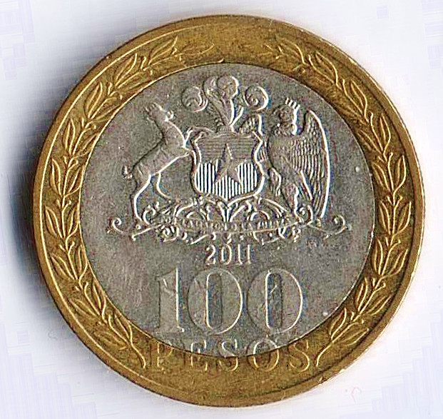 Монета 100 песо. 2011 год, Чили.