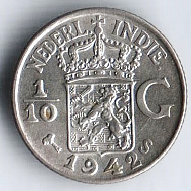 Монета 1/10 гульдена. 1942(S) год, Нидерландская Индия.
