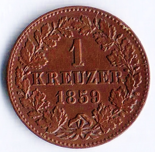 Монета 1 крейцер. 1859 год, Нассау.