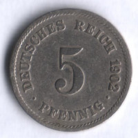 Монета 5 пфеннигов. 1902 год (G), Германская империя.