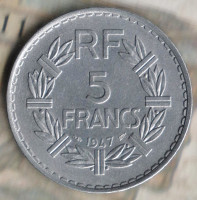 Монета 5 франков. 1947 год, Франция. "9" - открытая.
