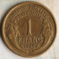Монета 1 франк. 1941 год, Франция.