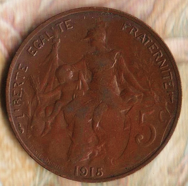 Монета 5 сантимов. 1915 год, Франция.