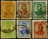 Набор почтовых марок (6 шт.). "Генерал Сан-Мартин". 1908-1909 годы, Аргентина.