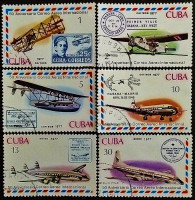 Набор почтовых марок (6 шт.). "50-летие кубинской авиапочты". 1977 год, Куба.