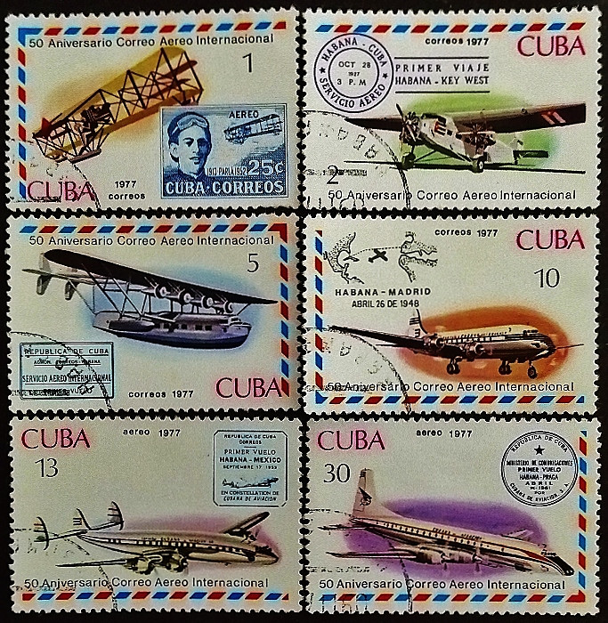 Набор почтовых марок (6 шт.). "50-летие кубинской авиапочты". 1977 год, Куба. Набор почтовых марок (6 шт.). "50-летие кубинской авиапочты". 1977 год, Куба.