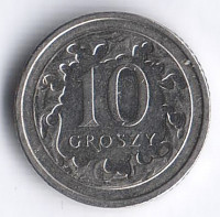 Монета 10 грошей. 2019 год, Польша.