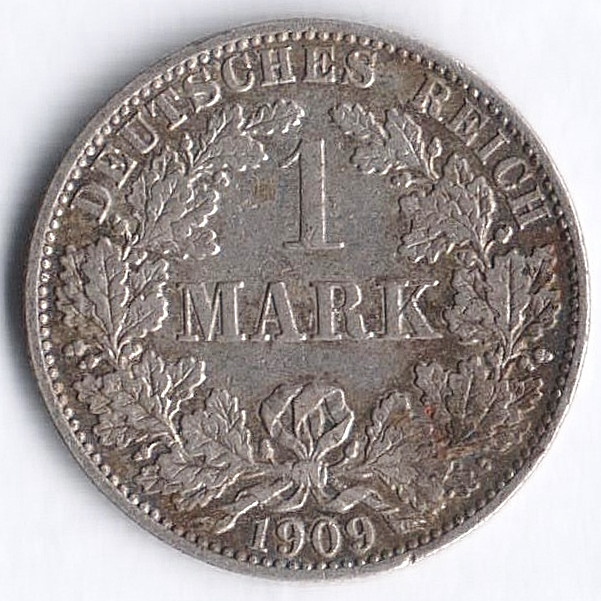 Монета 1 марка. 1909 год (A), Германская империя.
