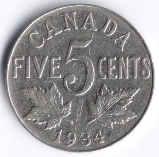 Монета 5 центов. 1934 год, Канада.