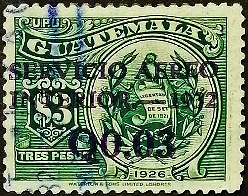 Почтовая марка (0,03 q.). "Государственный герб". 1932 год, Гватемала.