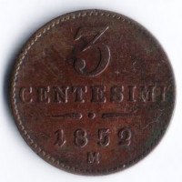 Монета 3 чентезимо. 1852(M) год, Ломбардия и Венеция.