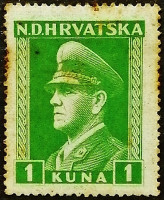 Марка почтовая (1 k.). "Анте Павелич". 1944 год, Хорватия.