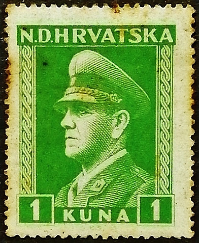 Марка почтовая (1 k.). "Анте Павелич". 1944 год, Хорватия.