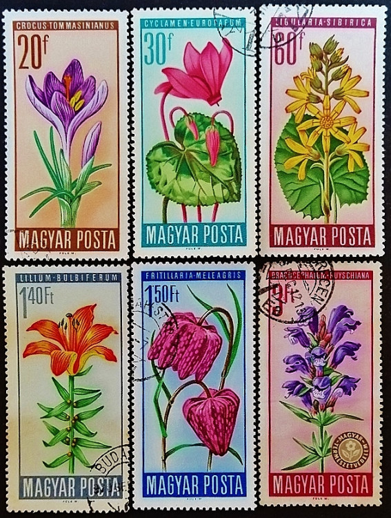 Набор почтовых марок (6 шт.). "Цветы". 1966 год, Венгрия.