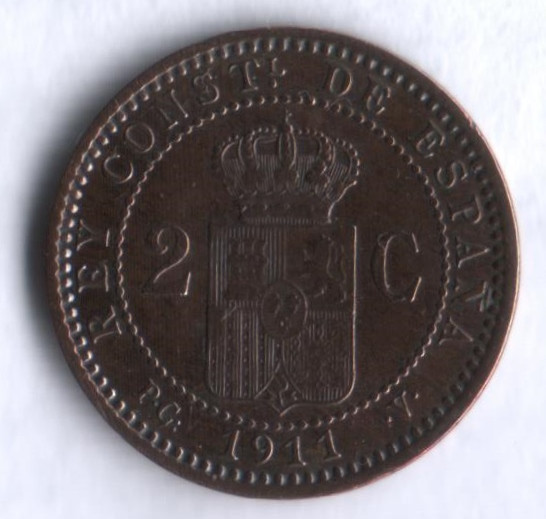 Монета 2 сентимо. 1911 год, Испания.