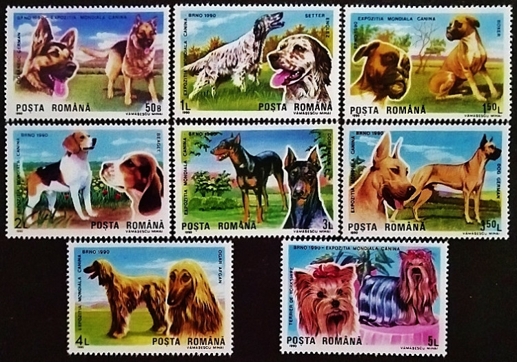 Набор марок (8 шт.). "Международная выставка собак в Чехословакии". 1990 год, Румыния.