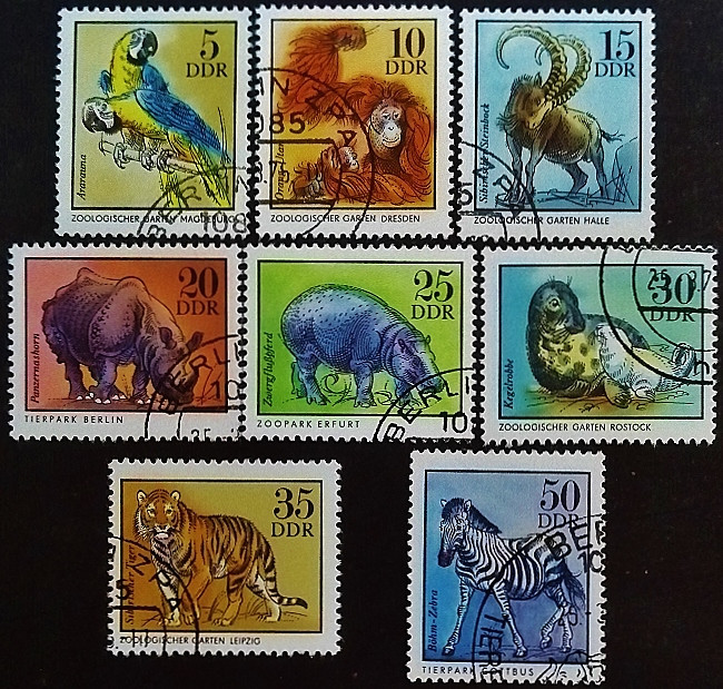 Набор почтовых марок (8 шт.). "Животные из зоопарка". 1975 год, ГДР.
