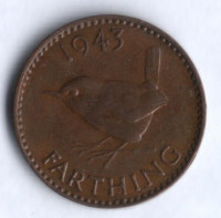 Монета 1 фартинг. 1943 год, Великобритания.