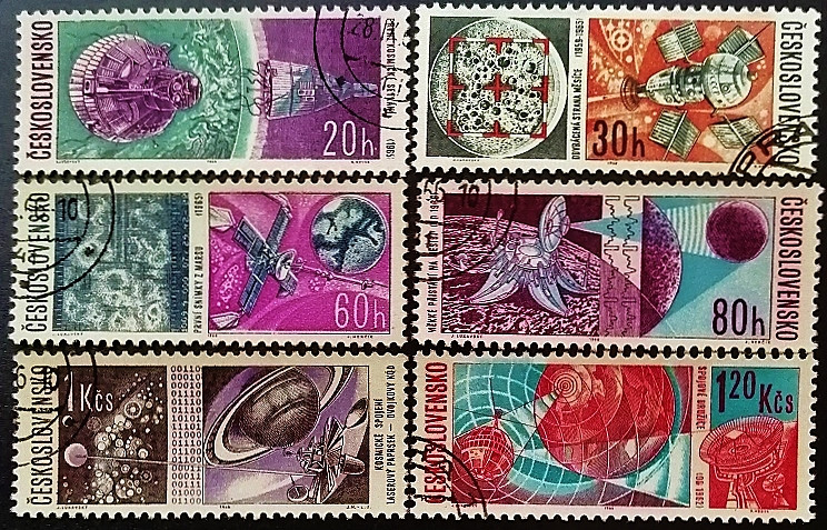 Набор почтовых марок (6 шт.). "Космические исследования". 1966 год, Чехословакия.