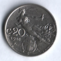 Монета 20 чентезимо. 1913 год, Италия.