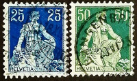 Набор почтовых марок (2 шт.). "Гельвеция с мечом". 1908 год, Швейцария.