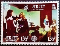 Сцепка марок (2 шт.). "Сэр Джордж Картерет получает документы на владение островом Смита". 1980 год, Джерси.