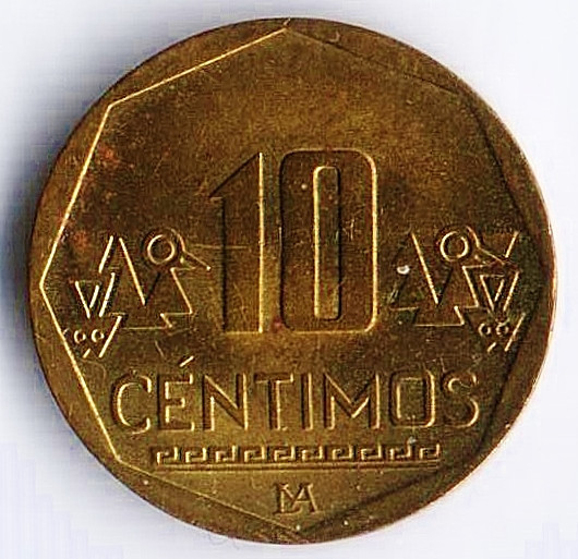 Монета 10 сентимо. 2014 год, Перу.