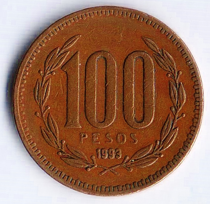 Монета 100 песо. 1993 год, Чили.