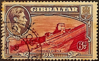 Почтовая марка (6 p.). "Король Георг VI и виды Гибралтара". 1938 год, Гибралтар.