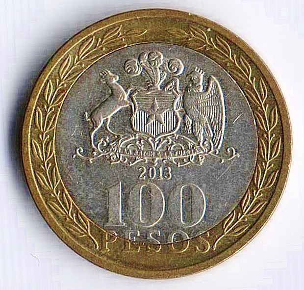 Монета 100 песо. 2013 год, Чили.