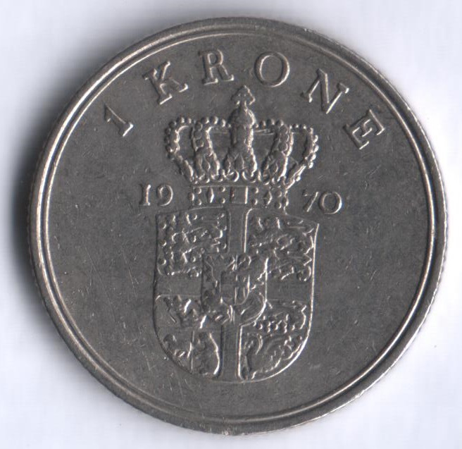 Монета 1 крона. 1970 год, Дания. C;S.