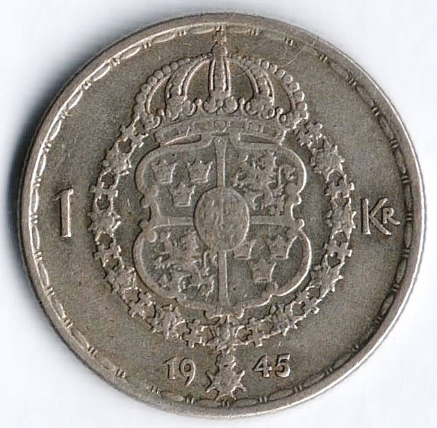 Монета 1 крона. 1945(TS) год, Швеция.