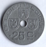 Монета 25 сантимов. 1944 год, Бельгия (Belgie-Belgique).
