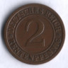 Монета 2 рентенпфеннига. 1923 год (А), Веймарская республика.