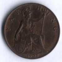 Монета 1 фартинг. 1905 год, Великобритания.