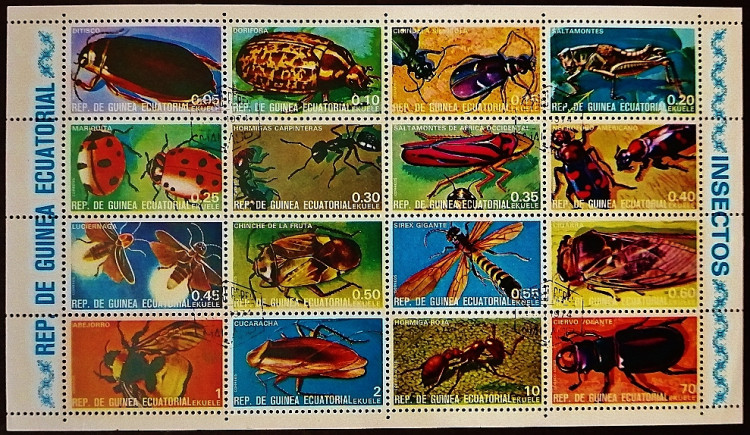 Блок почтовых марок (16 шт.). "Насекомые". 1978 год, Экваториальная Гвинея.