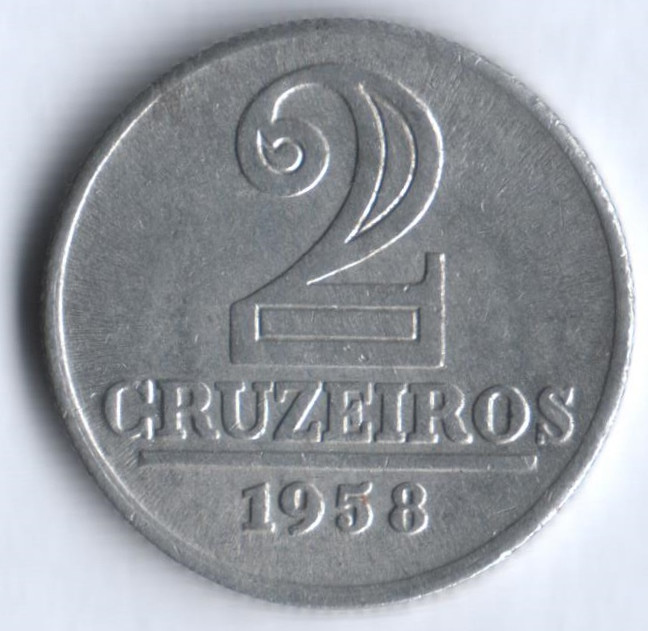 Монета 2 крузейро. 1958 год, Бразилия.