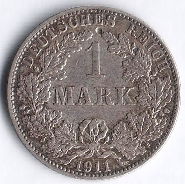 Монета 1 марка. 1911 год (A), Германская империя.