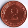 Монета 2 пфеннига. 1972(G) год, ФРГ.