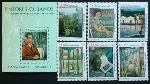 Набор почтовых марок  (6 шт.) с мини-блоком. "Картины кубанских художников - Виктор Мануэль Гарсия". 1979, Куба.