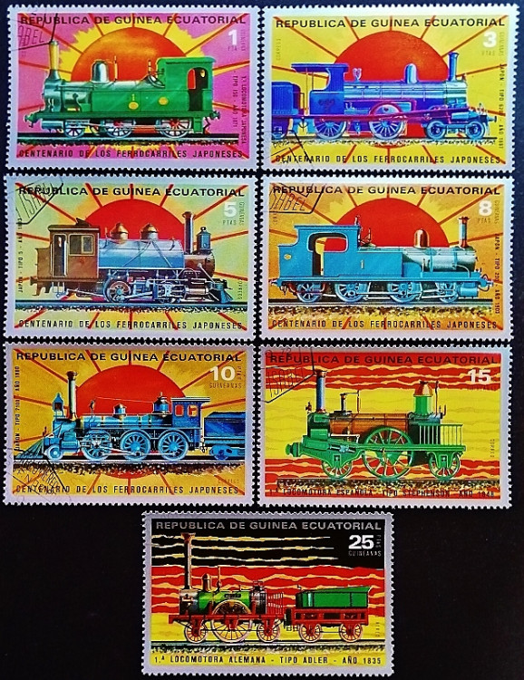 Набор почтовых марок (7 шт.). "Локомотивы японские". 1972 год, Экваториальная Гвинея.