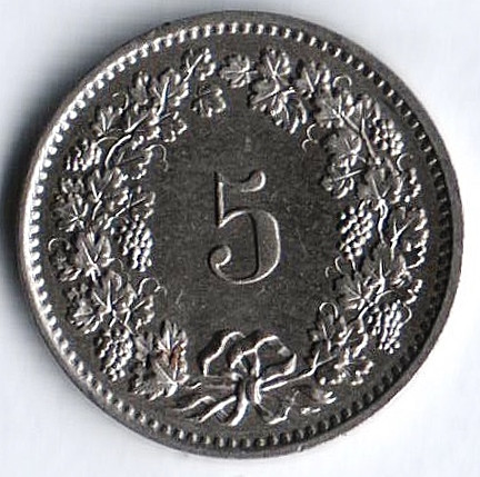 Монета 5 раппенов. 1975 год, Швейцария.