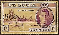 Почтовая марка (1 p.). "Король Георг VI и здания парламента". 1946 год, Сент-Люсия.