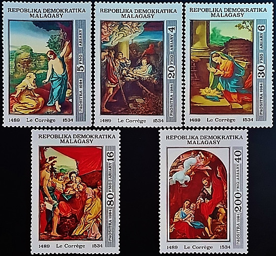 Набор марок (5 шт.). "450 лет со дня смерти Корреджо". 1984 год, Мадагаскар.